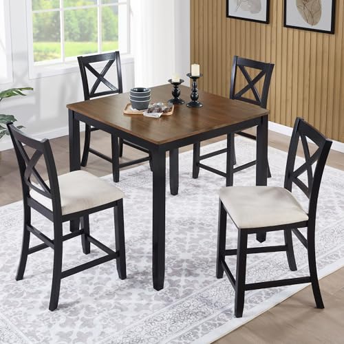 Image of Harper & Bright Designs Counter Height Dining Table Set 5-Piece for 4, Farmhouse Kitchen Table 34.5 inch Square with 4 X-Back Chairs, Black & Oak for Small Space