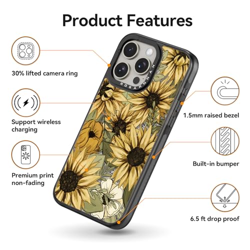 Coque iPhone 15 Pro antichoc 2m durable noire à motif de tournesol
