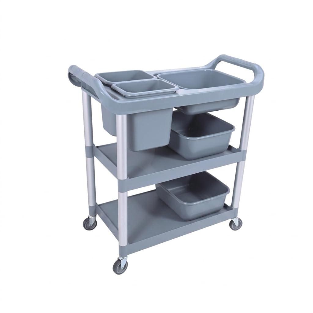 Cuarz Carro Camarera Mini con 5 Cubetas y 3 Bandejas | Tamaño Compacto | Polipropileno Resistente | 4 Ruedas Ø7,5 cm | Capacidad 60 kg | Ideal para Hoteles y Oficinas