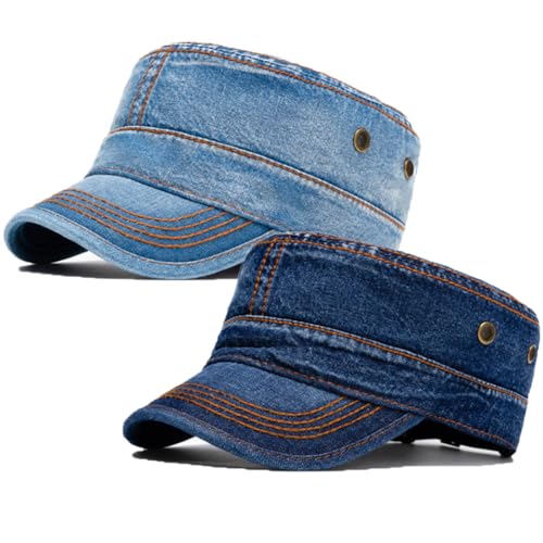 Image of 2 Pack Men's Cotton Military Caps Cadet Army Caps Vintage Flat Top Cap
