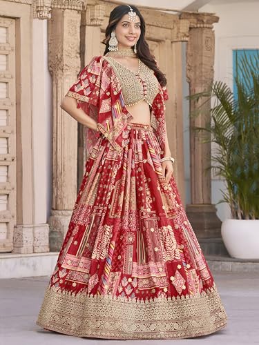 Image of Women's Digital Print With Zari Dori Embroidery Work Chinnon Silk Lehenga Choli With Dupatta (Women-Lehenga-Choli-New; Free size)