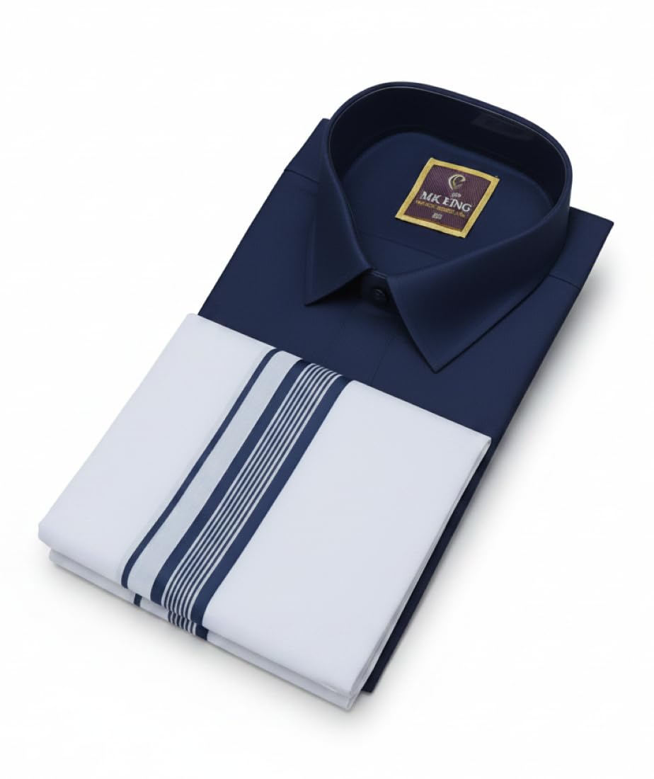 Navy Blue Shirt and Dhoti Set for Men | Dark Blue Vesti Shirt Combo | Veshti Shirt Set | Lungi Shirt Set | Pancha & Mundu Dress Combo for Men-image-49