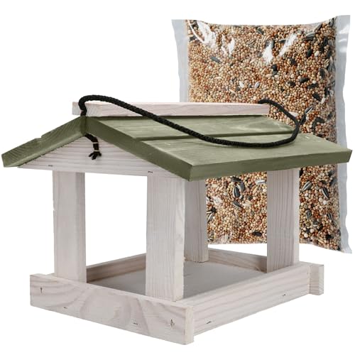 KOTARBAU® Mangiatoia Uccelli da Esterno - Legno - 23.5x21x18 cm - Bianco & Grigio - Casetta Per Uccellini Selvatici - 0.5 kg Cibo Uccelli Selvatici - Decorazione Da Giardino In Legno