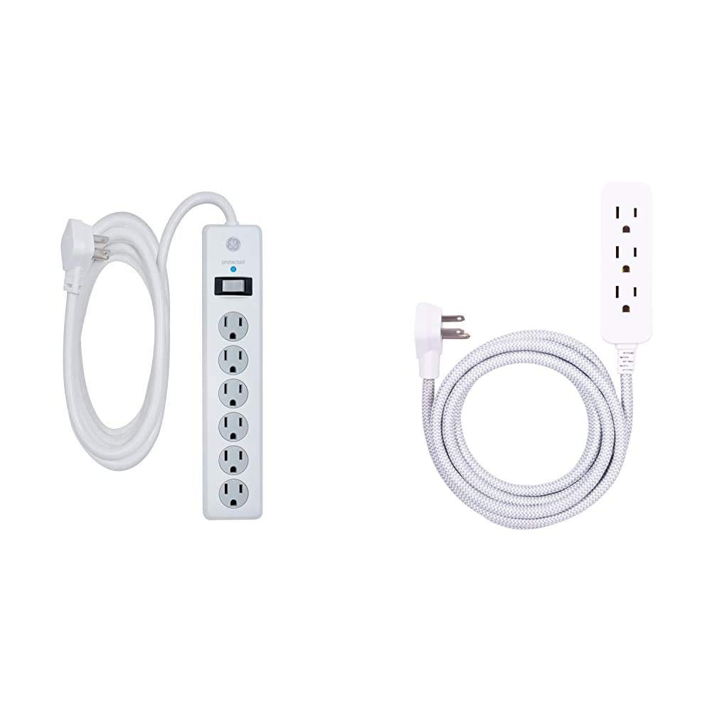 GE 6 Outlet Surge Protector & Designer Extension Cord with Surge Protection, Braided Power Cord, 8 ft, 3 Grounded Outlets, Flat Plug, Premium, Gray/White, 38433