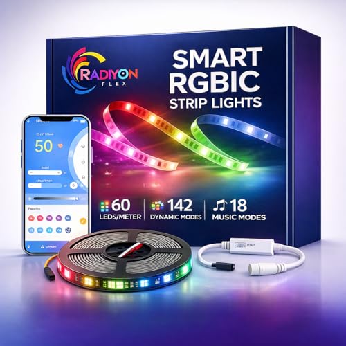 Image of RGBIC LED Strip Lights 5M with App Control & Music Sync, RGB Lights for Room, Gaming Setup & Bedroom Decoration, 140+ Dynamic Modes, 60 LED /m Smart LED Strip Light for Desk & Ambient Lighting
