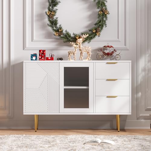 Pangshiyuan Cómoda con 3 cajones y 2 puertas, aparador con puertas de cristal y patas de metal, armario de almacenamiento para salón, pasillo, dormitorio, blanco, 120 x 38 x 79,5 cm