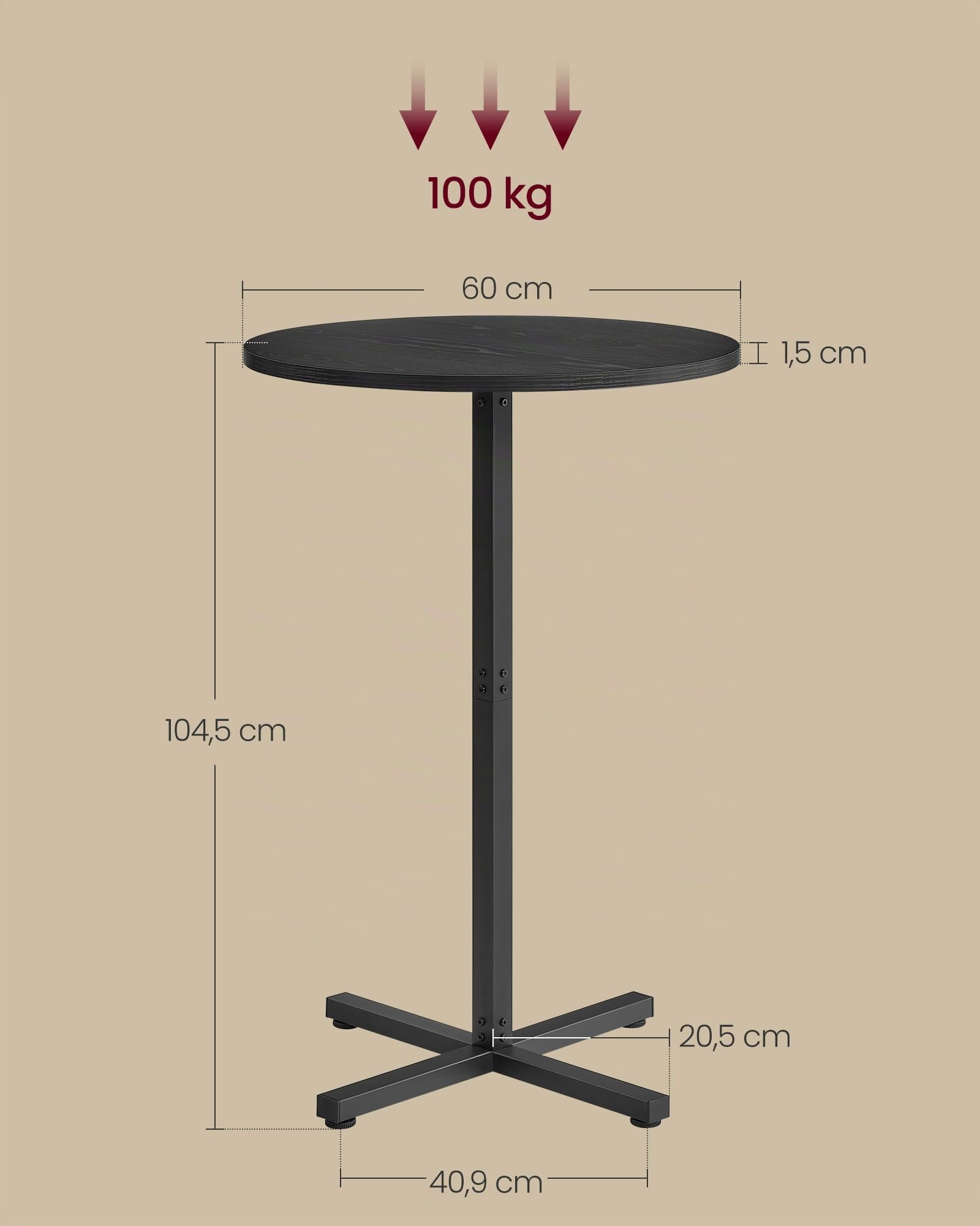 VASAGLE Table de Bar Haute, Cadre en Métal, 60 x 60 x 104,5 cm