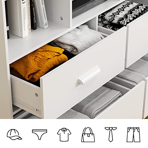 Cozy Castle White Dresser For Bedroom, 4 Drawers Chest With 3 Open Shelves, Wide Dresser Drawer Organizers For Kids Bedroom, Mid-Century Modern Dresser For Bedroom, Living Room, Entryway, White #TOP5