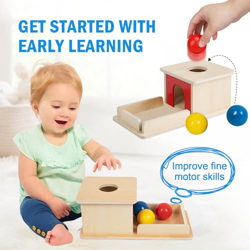 Image of Adena Montessori Wooden Toy for 6-12 Month Baby 3 Balls,Object Permanence Box with red Door Colorful Learning Education Toy for Toddler Kid 1-2 Year Old, Preschool Girl and Boy Gift Full Size Typical