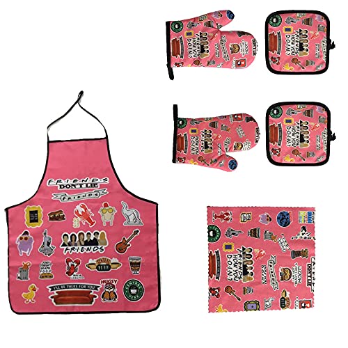 6PCS Friends Themed Kitchen Gifts Decor,1 Friends Apron,1 Dish Cloths, 2 Friends Oven Mitts,2 Friends Pot Holders,For Cook, Mom and Wife Kitchen (Black and Pink) (Pink)