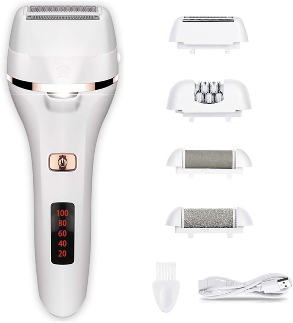 Electric Lady Shaver, Vikano Wet & Dry Rechargeable Cordless Painless Electric Razor for Women Foot File Hard Skin Remover LED Display Bikini Razor for Legs Underarms with 4 Heads 2 Speeds