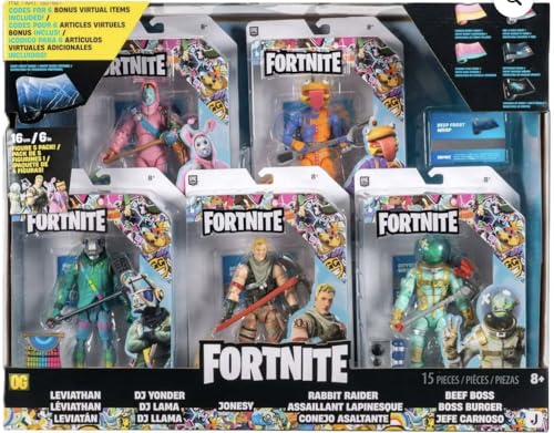 Fortnite Action Figure 5-Pack Set with Virtual Items, Deep Frost Wrap, Leviathan, DJ Yonder, Jonesy, Rabbit Raider, 15 Pieces, Ages 8+