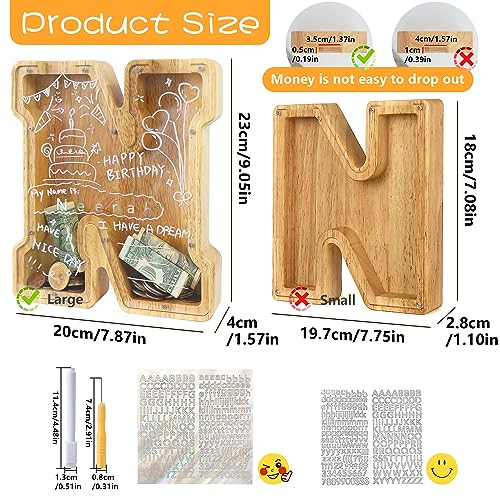 Mikytoper Letter Money Box for Kids Large Wooden Personalized A-Z Piggy Bank Clear Alphabet Money Bank Coin Bank for Gift Decoration Baptism (N) - Image 2