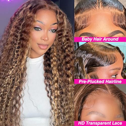 Image of 20 Inch Highlight Ombre Deep Wave Lace Front Wigs Human Hair 180% Density 4 /27 Colored Honey Blonde Human Hair Wig 13x6 HD Lace Front Wig Pre Plucked No Synthetic Blend No Tangle No Shedding