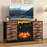 TAUS Mueble de TV con chimenea, mueble bajo para TV con iluminación LED, mesa de televisión, chimenea eléctrica con calefacción, efecto llama 3D, tablero de TV con 6 cajones (marrón)