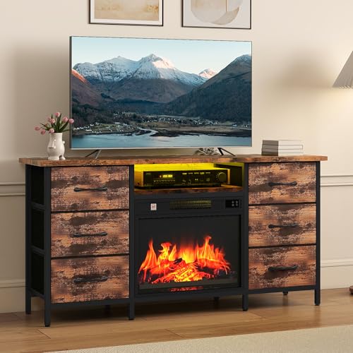 TAUS Mueble de TV con chimenea, mueble bajo para TV con iluminación LED, mesa de televisión, chimenea eléctrica con calefacción, efecto llama 3D, tablero de TV con 6 cajones (marrón)