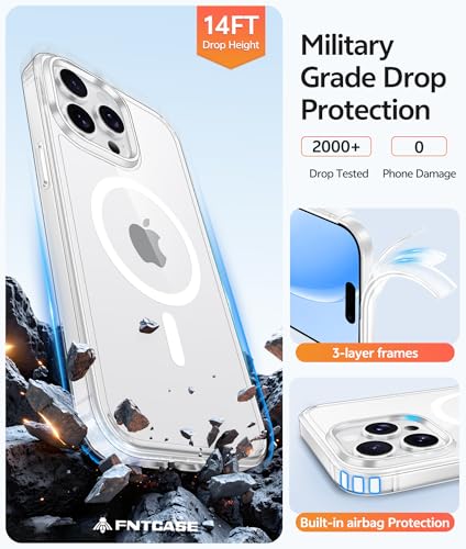 Image of FNTCASE for iPhone 14 Pro Case: [Compatible with Magsafe] [Screen Protector] Anti Yellowing Transparent Clear Magnetic Phone Cover - Military Grade Shockproof Drop Proof Protective Cases - Clear