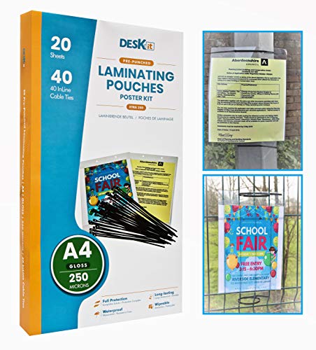 Deskit 20 St. Laminierfolien glänzend gelocht Set mit 40 St. Kabelbinder DIN A4 extra starke 250 Mikron für Innen & Außen Folien zum Laminieren mit Lochung Heiß-Laminierfolien Laminiertaschen Cover