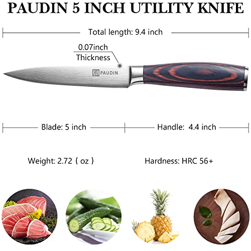 Paudin Utility Knife 5 Inch Chef Knife German High Carbon Stainless Steel Knife, Fruit And Vegetable Cutting Chopping Carving Knives, Ergonomic Handle With Gifted Box #TOP4
