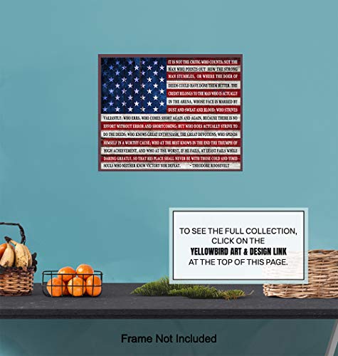 Teddy Roosevelt Man In The Arena Quote Poster Print - 8X10 Daring Greatly Wall Art Room Decor - Unique Inspirational Motivational Gift - Patriotic American Flag Plaque - Unframed #TOP5