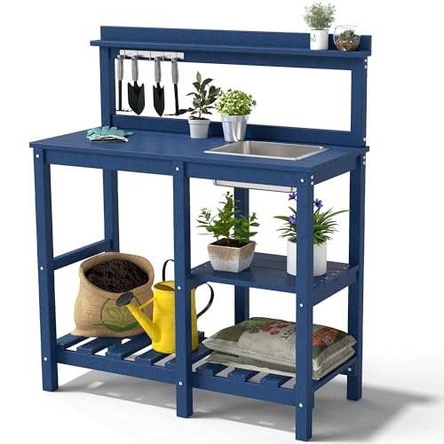 FOOWIN Potting Bench, HDPE Outdoor Potting Table with Sink, All-Weather Potting Benches for Outside, Gardening Table with Storage Shelf, Hook, for Garden, Patio, Lawns, Navy Blue