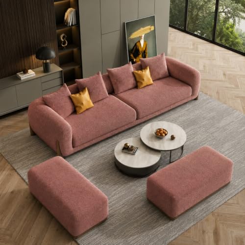 Image of Modern Boucle Sofa for Living Room Bedroom Reception and Office Wooden Polished Leg Sofa for Living Room (Rose Gold, 3 Seater +Ottoman Set)