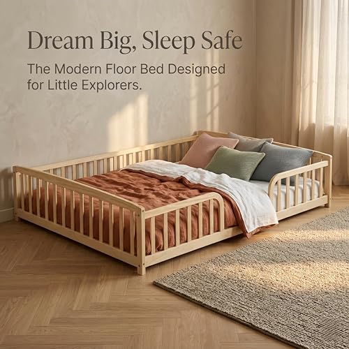 Image of Bellemave Full Size Montessori Floor Bed Frame with High Fence, Solid Wood Kids Floor Bed with Central Entrance, Low Profile Bed for Boys & Girls, Rounded Corner Design,Natural