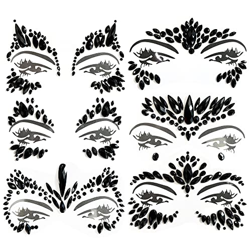 Kotbs Face Gems, 6-Sheet Black Festival Rhinestones Rave Mermaid Face Jewel Tattoo, Tears Gems Rainbow Crystal Face Stickers for Halloween Music Carnival Festival Party Makeup