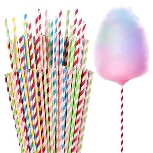 100Pcs Colorful Cotton Candy Sticks - 13.8 Inches Stripe Paper Sticks Cotton Candy Sugar Making Supplies Extra Long Paper Straws for Party