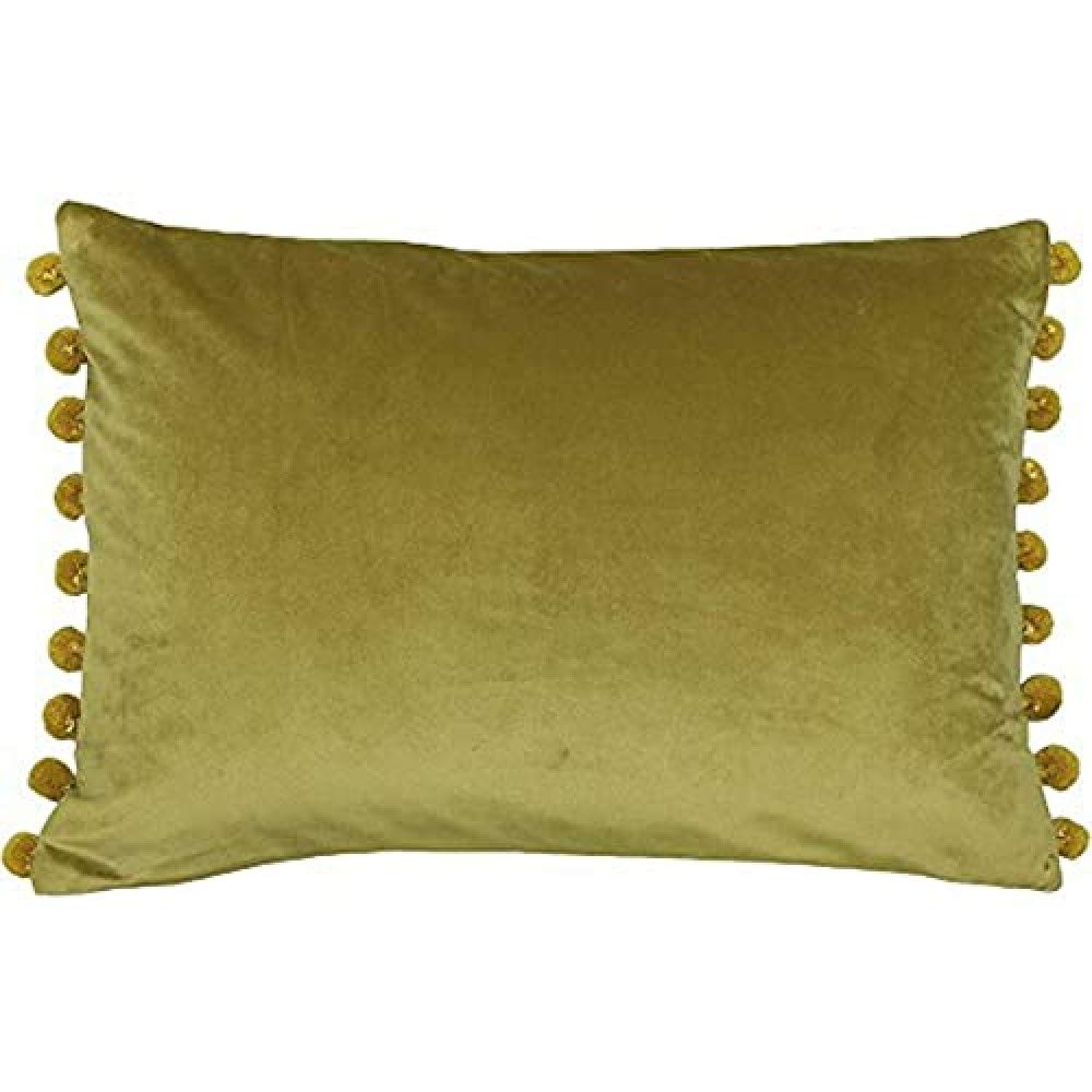 Riva Paoletti Fiesta Rectangular Filled Cushion Green Pompom Edges-Faux Velvet Fabric-Discreet Zip Closure-100 Case (14" x 20" inches), Polyester, Bamboo/Gold, 35 x 50cm