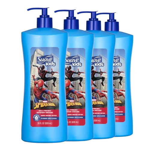 Suave Kids Marvel Spiderman 3 in 1 Shampoo Conditioner Body Wash Fresh Spider Sense Tear-Free & Gentle Dermatologist Tested 4 Count 28 FL OZ Pump
