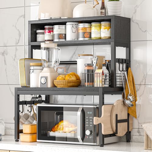 EnHomee Microwave Stand, 205LBS Microwave Shelf, Adjustable Microwave Oven Rack Heavy Duty 4-Tier with 9 Hooks for kitchen counter Shelf, Microwave Stand with Storage and Cutting Boards Stand (Black)
