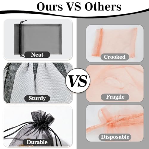 Image of Sukh Black Organza Bags 5''x7'' - 100pcs Sheer Mesh Drawstring Bags for Jewelry, Soap, Fruits, Candy, Small Gift Bags for Weddings, Valentine's Day, Mother's Day, Halloween, Thanksgiving, Christmas