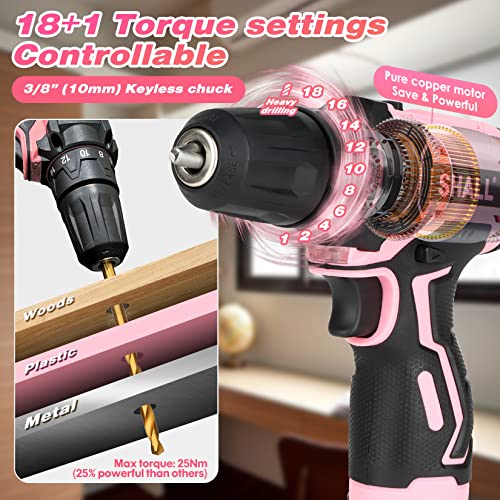 SHALL 43-teiliges rosa Akkubohrer-Set, 12 V elektrische Bohrmaschine, 3/8 Zoll schlüsselloses Bohrfutter, 2 Ah Li-Ion Akku, zum Bohren von Holz/Metall, Frauen DIY Projekte – Bild 3