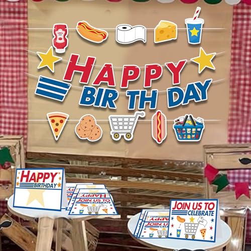 Image of HOMEZZO Supermarket Birthday Party Decorations - Supermarket Grocery Themed Hanging Banner and Tent Cards for Birthday Food Party