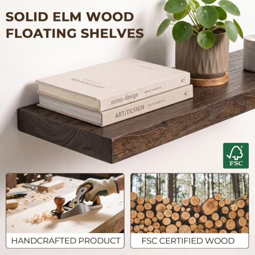 Image of Elm Floating Shelves for Wall - 40 in Rustic Solid Wood Shelves with Heavy-Duty Invisible Bracket, Wall-Mounted Wooden Shelf for Living Room, Bathroom, Kitchen Storage & Display, Set of 2, Walnut
