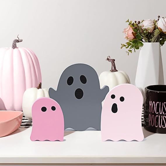 3Pcs Halloween Decorations,Cute Ghost Pink Office Decor,Halloween Tiered Tray Decor Wood Plank Signs Fall Decorations for Home,Holiday,Kid's Gift