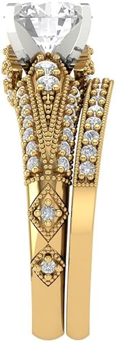 Miniatura 3 de Clara Pucci Anillo de compromiso de zafiro blanco con grabado personalizado de corte redondo de 2.10 quilates, conjunto nupcial de 14 quilates, oro