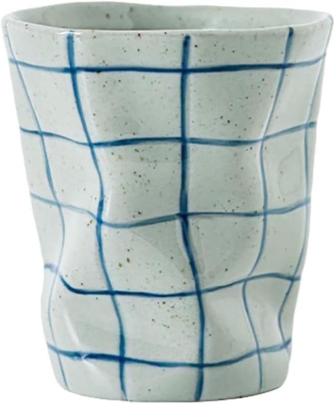 270ml/9oz Japanese-style coarse pottery handmade special-shaped coffee cup household coffee cup-hand-pinched-blue plaid -210ml