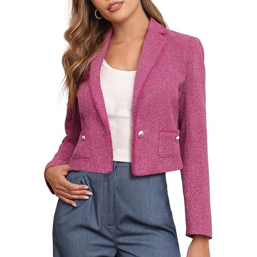 M.Infisavo Women’s Cropped Tweed Jacket Blazer with Pockets Long Sleeve Open Front Notch Lapel Cardigan Elegant for Casual Rose Red Small