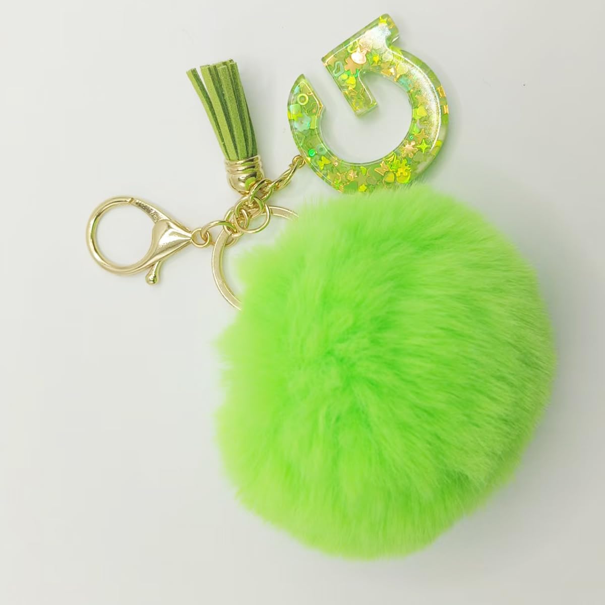 Initial Letter Keychain With Green Fur Ball Pom for Women Tassel Butterfly Keyring for Purse Handbag Car Keys image 3