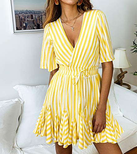 Prettygarden Women's Casual Summer Striped Dress Short Sleeve Wrap V Neck Ruffle Hem Mini Skater Dresses (Yellow,X-Large) #TOP23
