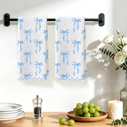 Image of Hanamiya Na 2 Pcs Coquette Bow Hand Towels 24x14 Inch, Cute Preppy Decorative Bath Dish Towel Waffle Weave Hand Cloth Tea Towel for Home Kitchen Bathroom Decor (Blue)