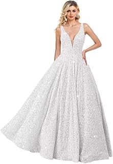 V Neck Sequin Prom Dress Long Sparkly Ball Gowns for Women Formal A Line Evening Party Gowns