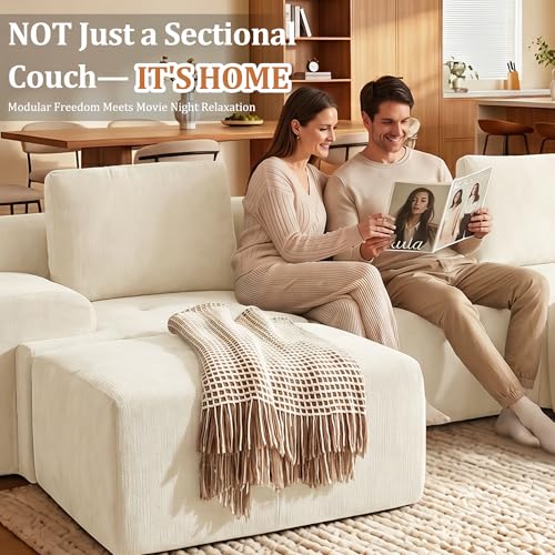 Image of 85 inch Oversized Boneless Couch, Comfort Cloud Sectional Couches for Living Room, Modular Sofa High Back & Extra Deep Seat, No Assembly, Soft Chenille Fabric (Warm White, 85 inch- Shaped(2+2))