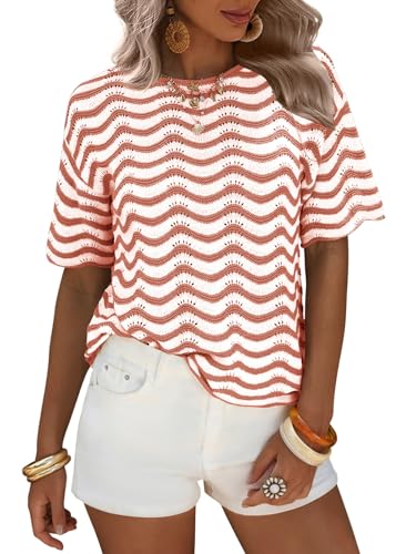 EXLURA Womens Summer Coverup Boho Tops Short Sleeve Crochet Knit