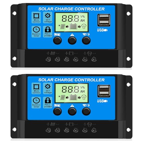 2PCS 30A PWM Solar Charge Controller, 12V 24V Dual USB Solar Panel Battery Intelligent Regulator...
