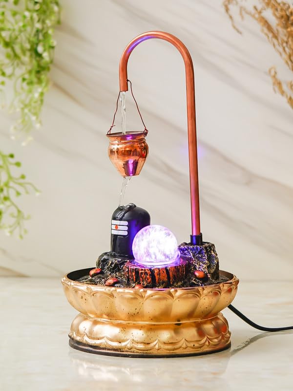 CRAFT SMITH Metal Decorative Shivling Tabletop Water Fountain with LED Crystal Ball (19.5 x 19.5 x 34.5 CM : Copper Color | Weight - 720 Gram)-image-6