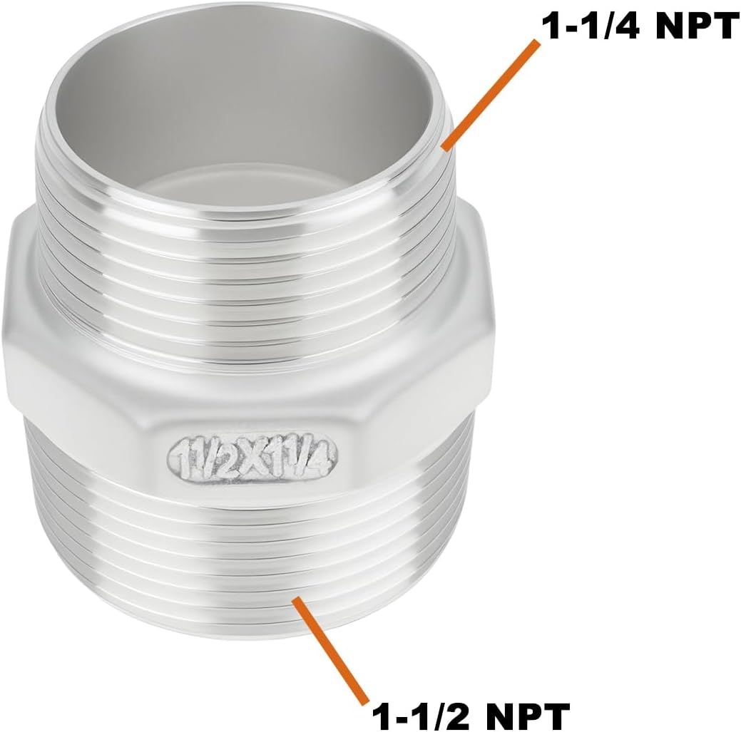 2 Pack 1-1/2 in to 1-1/4 in Male NPT Hex Nipple Reducer Adapter, 304 Stainless Steel Pipe Fittings for Plumbing and Industrial Use