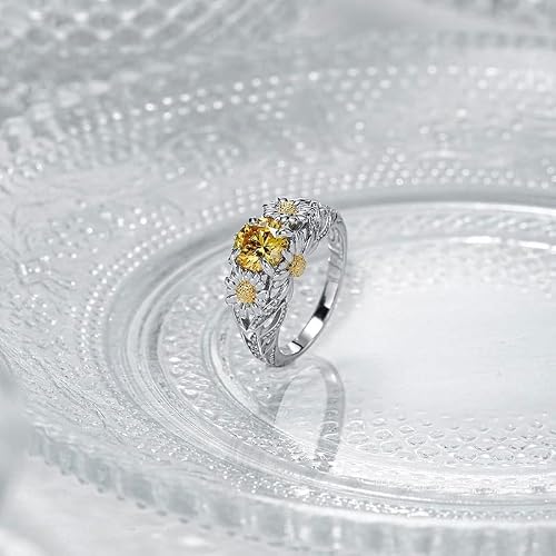 Jewels Store 2.5 Ct Round Cut Citrine Yellow Diamond Sunflower Design Engagement Ring In 925 Sterling Silver White Gold Finish (Silver, 5) #TOP1